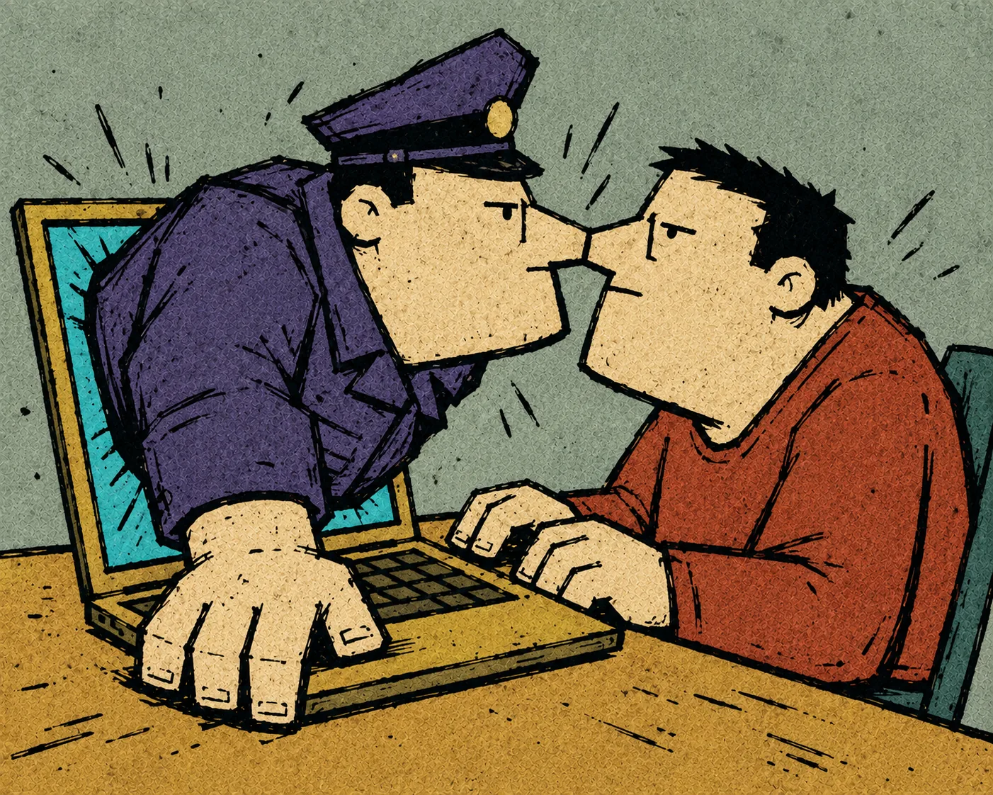 Проверяющий в фуражке выглядывает из ноутбука к человеку за компьютером